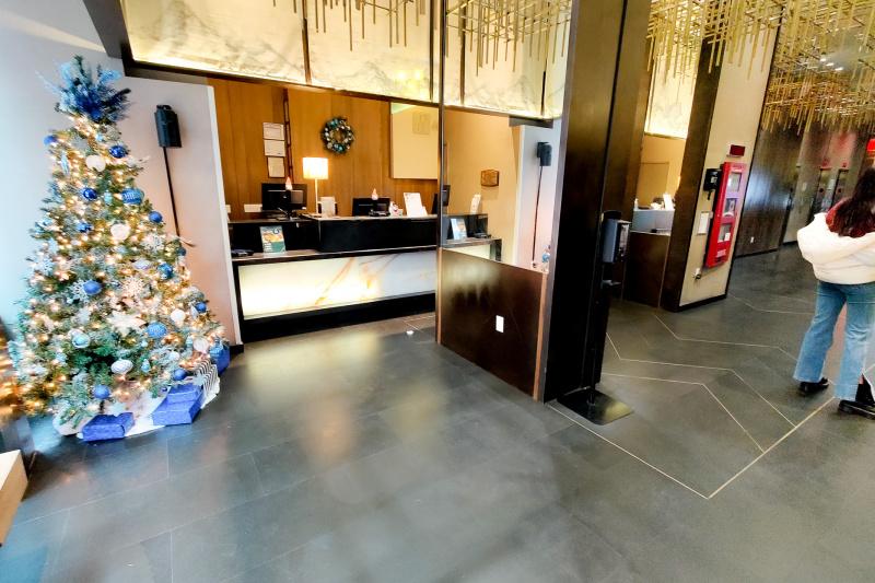 Lobby with modern decor and front desk