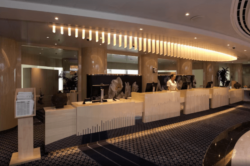 The lobby's standing front desk