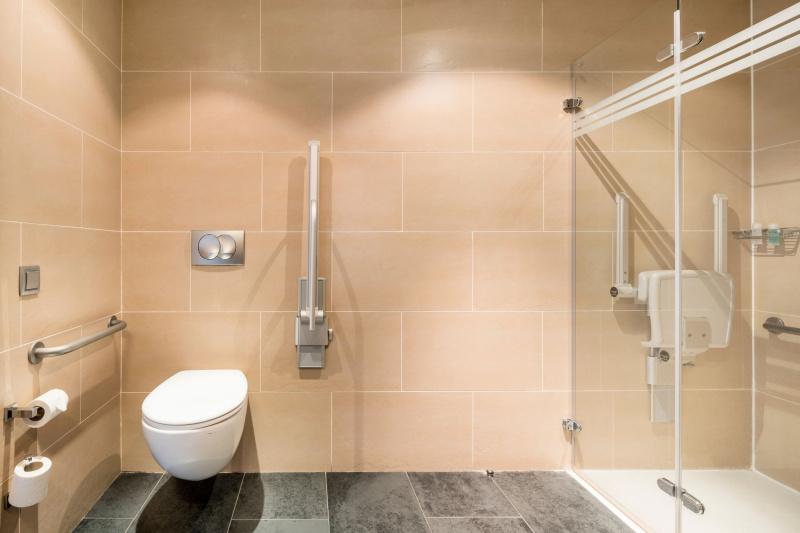 Bathroom with roll-in shower and toilet with grab bars