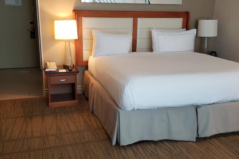 An accessible guest room with a carpeted floor, king-sized bed and bedside tables.