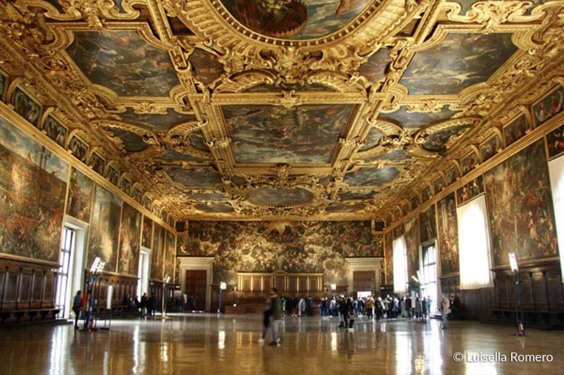 Interior of Doge's Palace with Venetian gothic style and large paintings
