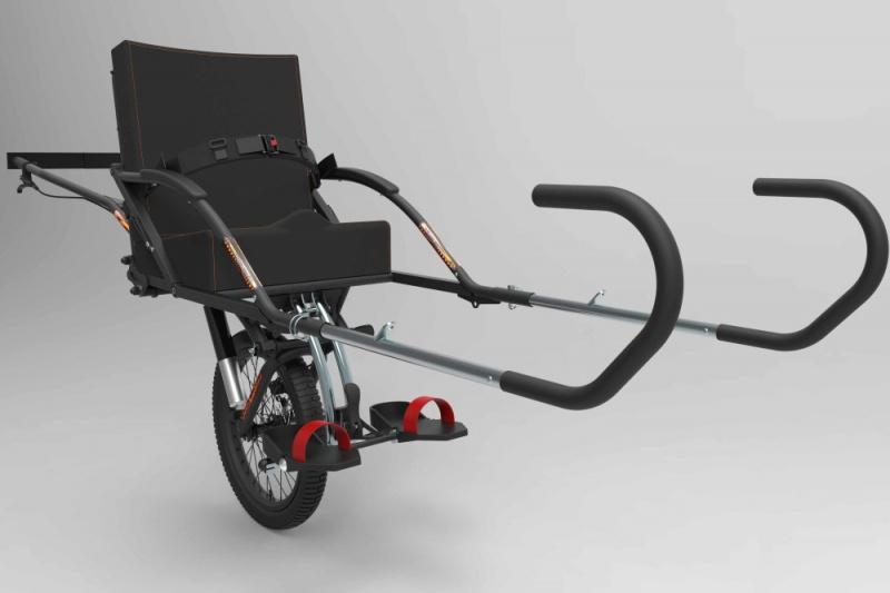 A single wheeled wheelchair with support and steering bars in the front and back.