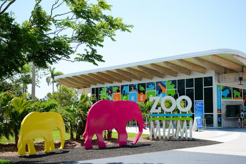The entrance to the Zoo Miami, which has colorful signs and step-free access.